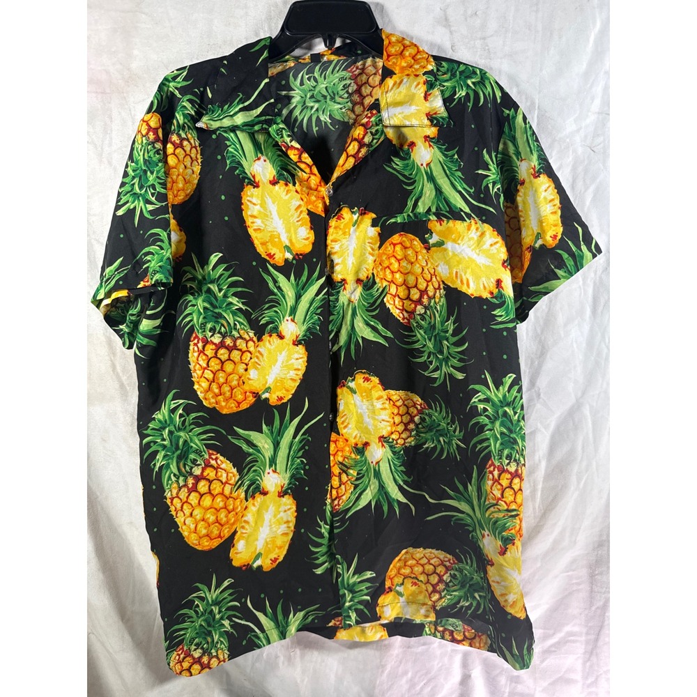 Mens Pineapple Print Hawaiian Shirt Black Yellow Tropical Aloha Camp Collar L